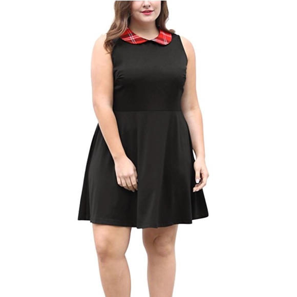 Plus Size Red Plaid Peter Pan Collard Mini Dress - Picture 3 of 7